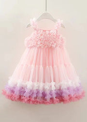 Beautiful Pink O-Neck Floral Tulle Girls Spaghetti Strap Dress Sleeveless