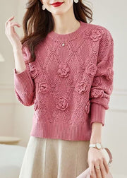 Beautiful Pink O Neck Hollow Out Floral Knit Sweater Spring