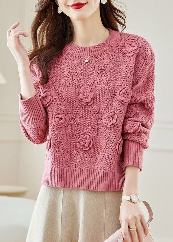 Beautiful Pink O Neck Hollow Out Floral Knit Sweater Spring