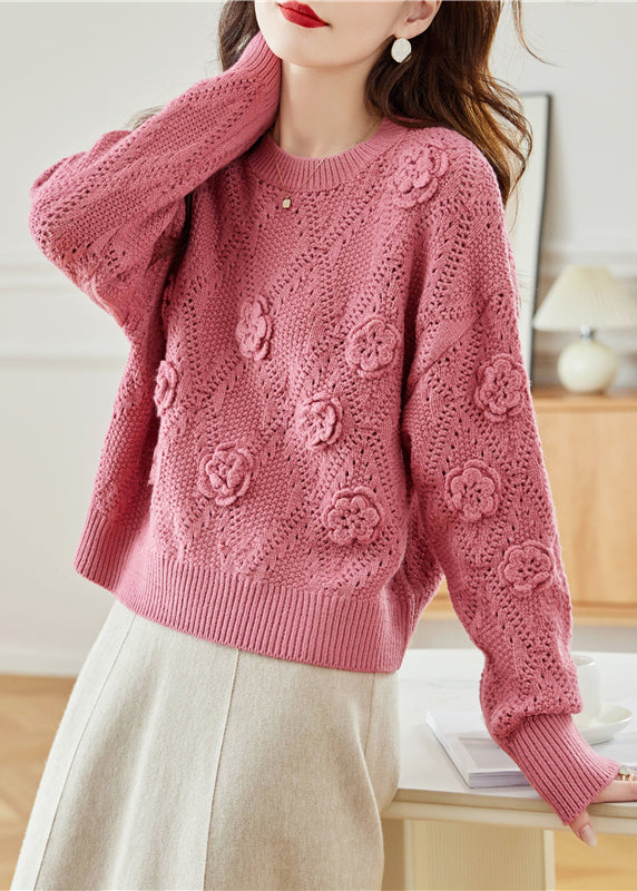 Beautiful Pink O Neck Hollow Out Floral Knit Sweater Spring