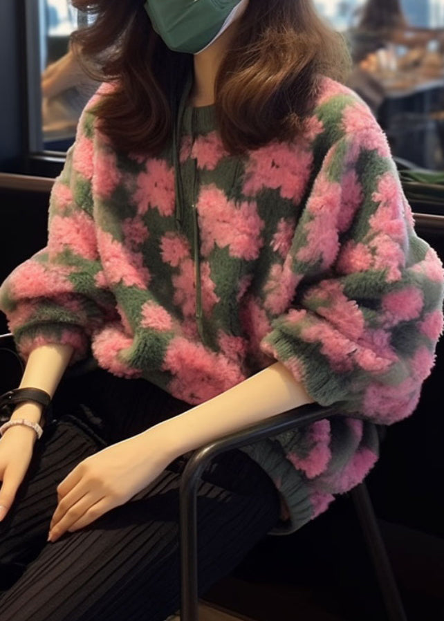 Beautiful Pink O Neck Jacquard Faux Fur Knit Sweaters Spring