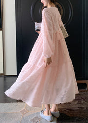 Beautiful Pink O-Neck Patchwork Lace Long Dress Spring