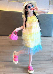 Beautiful Pink O-Neck Patchwork Tulle Kids Vacation Maxi Dresses Summer