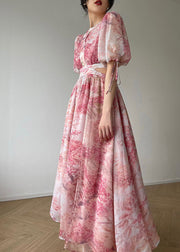 Beautiful Pink O Neck Print Side Open Silk Long Dresses Summer