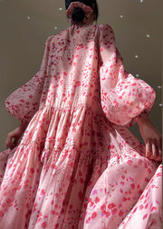 Beautiful Pink O-Neck Print Silk Long Dresses Spring