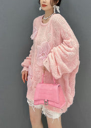 Beautiful Pink Oversized Hollow Out Applique Knit Sweater Tops Winter