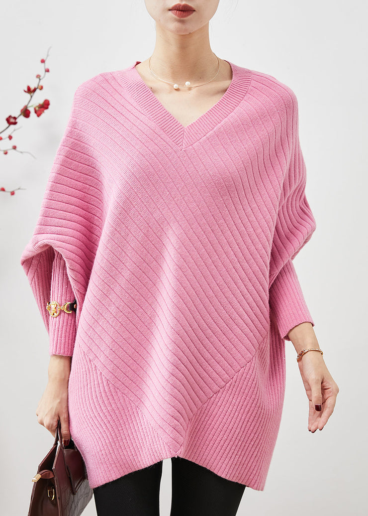 Beautiful Pink Oversized Patchwork Knit Top Batwing Sleeve