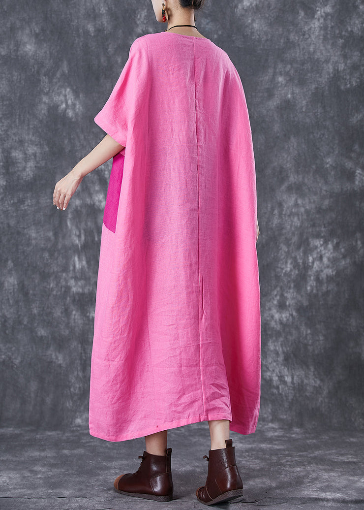 Beautiful Pink Oversized Patchwork Linen Ankle Dress Batwing Sleeve