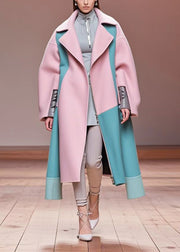 Beautiful Pink Oversized Patchwork Woolen Coat Outwear Fall