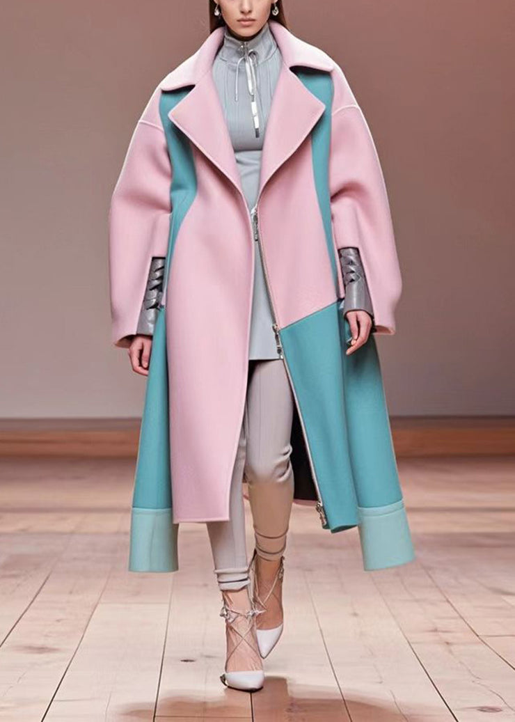 Beautiful Pink Oversized Patchwork Woolen Coat Outwear Fall