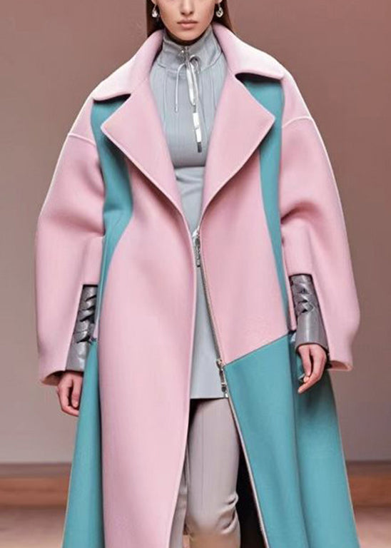 Beautiful Pink Oversized Patchwork Woolen Coat Outwear Fall