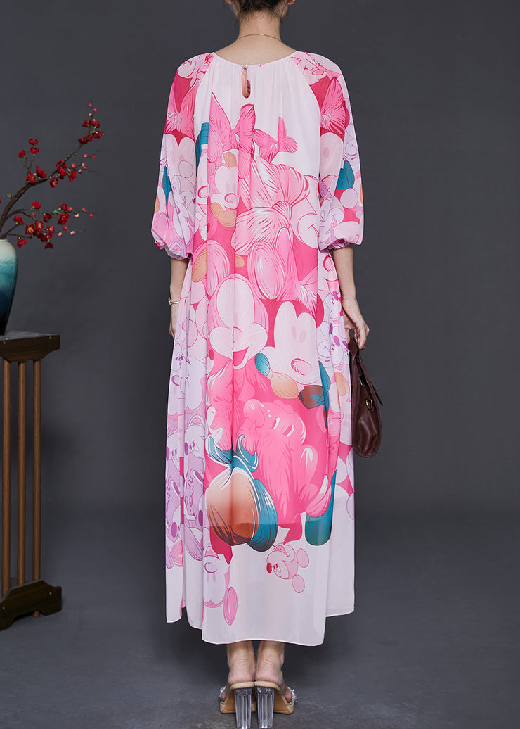 Beautiful Pink Oversized Print Chiffon Long Dress Summer