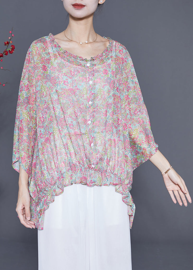 Beautiful Pink Oversized Print Wrinkled Shirt Top Summer