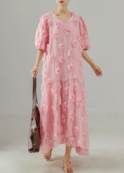 Beautiful Pink Oversized Stereoscopic Floral Cotton Party Dress Summer