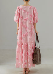 Beautiful Pink Oversized Stereoscopic Floral Cotton Party Dress Summer