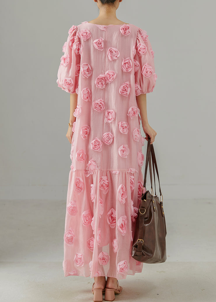 Beautiful Pink Oversized Stereoscopic Floral Cotton Party Dress Summer