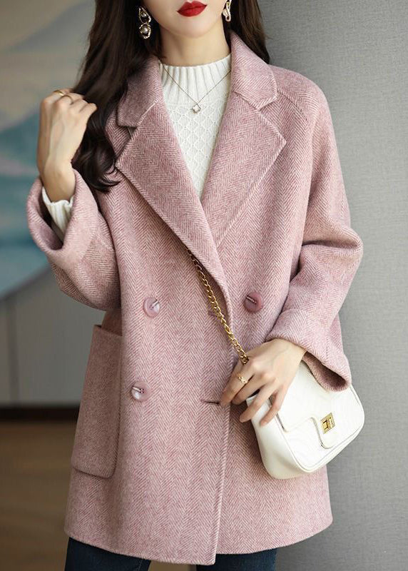 Beautiful Pink Peter Pan Collar Double Breast Pockets Woolen Coat Winter