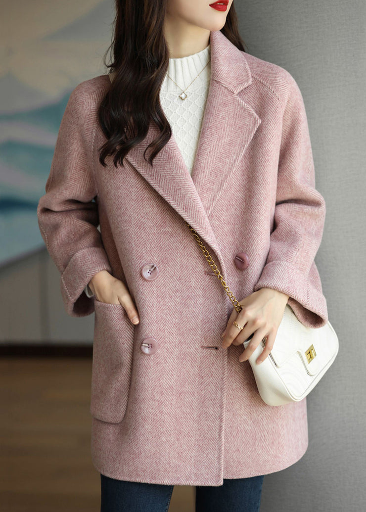 Beautiful Pink Peter Pan Collar Double Breast Pockets Woolen Coat Winter