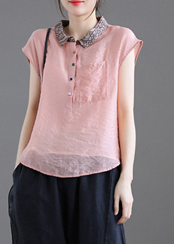 Beautiful Pink Peter Pan Collar Patchwork Button Linen Short Sleeve