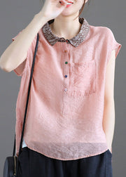 Beautiful Pink Peter Pan Collar Patchwork Button Linen Short Sleeve