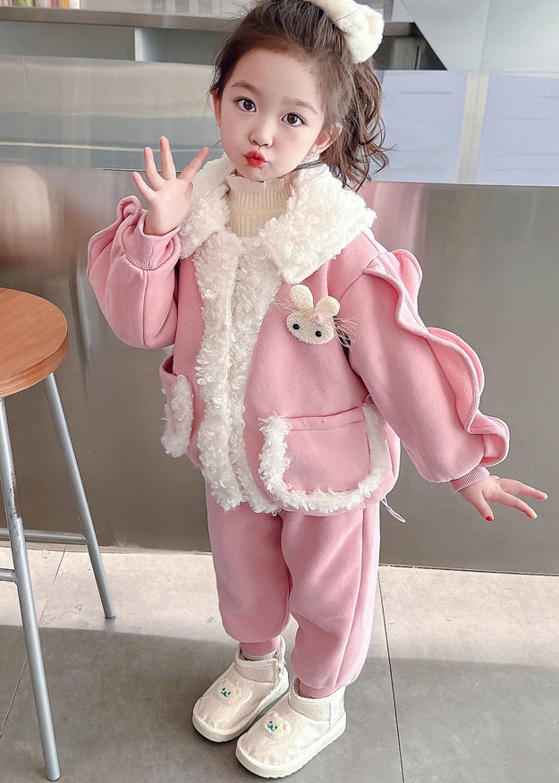 Beautiful Pink Peter Pan Collar Patchwork Warm Fleece Girls Coats Beam Pants And Two Pieces Set Winter