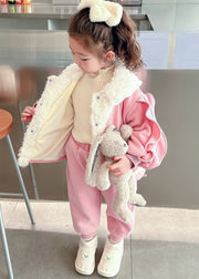 Beautiful Pink Peter Pan Collar Patchwork Warm Fleece Girls Coats Beam Pants And Two Pieces Set Winter