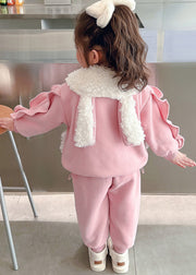 Beautiful Pink Peter Pan Collar Patchwork Warm Fleece Girls Coats Beam Pants And Two Pieces Set Winter