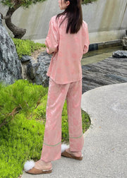 Beautiful Pink Peter Pan Collar Print Button Ice Silk Pajamas Two Pieces Set Spring