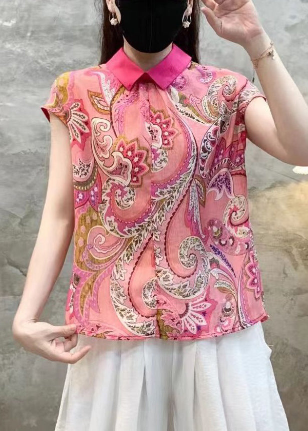 Beautiful Pink Peter Pan Collar Print Cotton Tops Summer