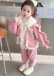 Beautiful Pink Peter Pan Collar Warm Fleece Girls Coats And Beam Pants Two Pieces Set Winter