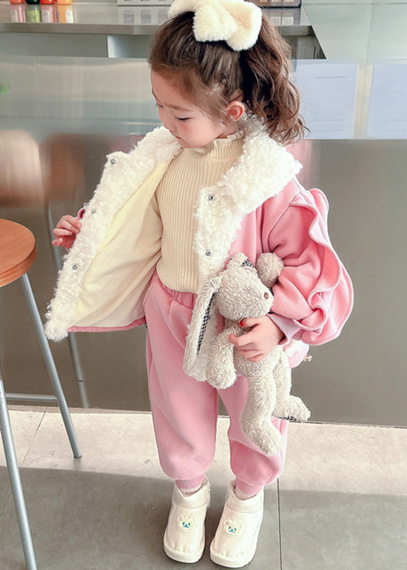 Beautiful Pink Peter Pan Collar Warm Fleece Girls Coats And Beam Pants Two Pieces Set Winter