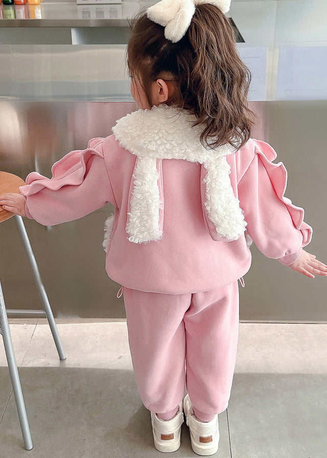 Beautiful Pink Peter Pan Collar Warm Fleece Girls Coats And Beam Pants Two Pieces Set Winter