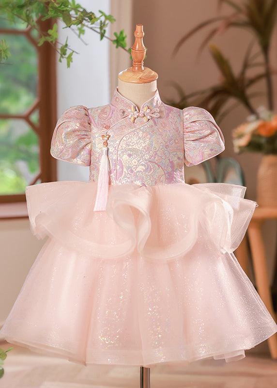 Beautiful Pink Print Button Tulle Girls Long Dress Puff Sleeve