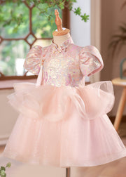 Beautiful Pink Print Button Tulle Girls Long Dress Puff Sleeve