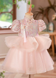 Beautiful Pink Print Button Tulle Girls Long Dress Puff Sleeve