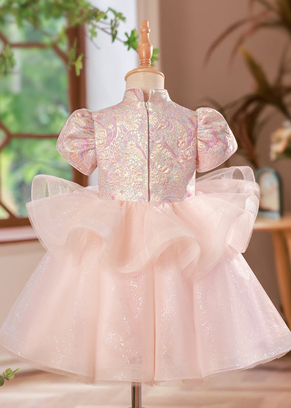 Beautiful Pink Print Button Tulle Girls Long Dress Puff Sleeve