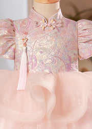 Beautiful Pink Print Button Tulle Girls Long Dress Puff Sleeve