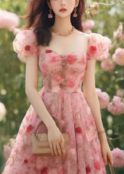 Beautiful Pink Print High Waist Chiffon Long Dress Summer