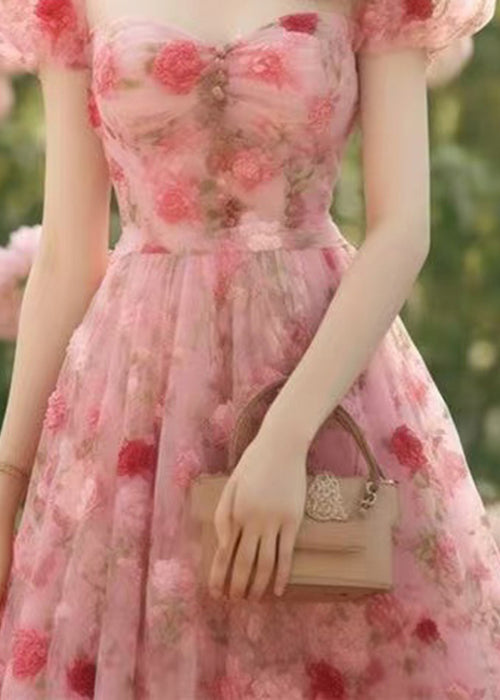 Beautiful Pink Print High Waist Chiffon Long Dress Summer