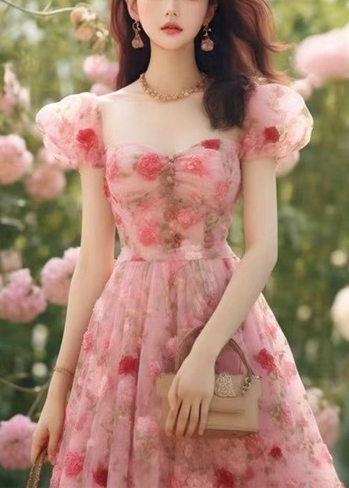 Beautiful Pink Print High Waist Chiffon Long Dress Summer