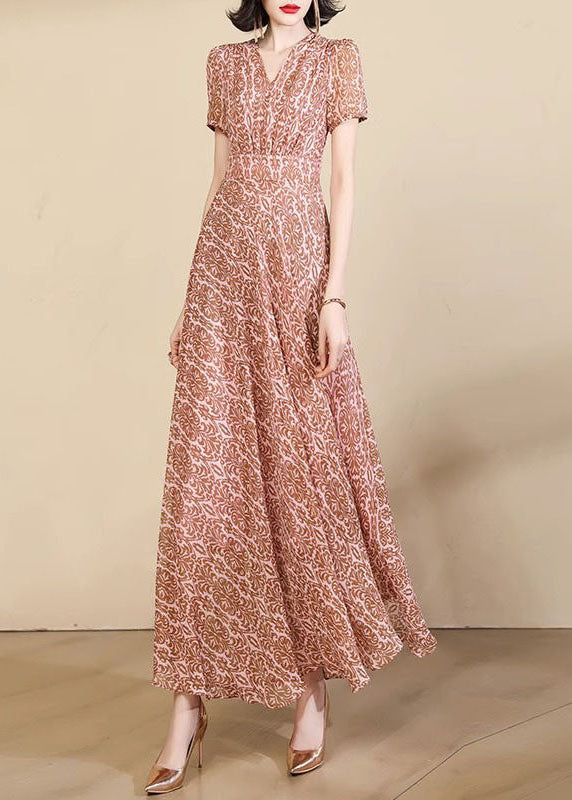 Beautiful Pink Print High Waist Chiffon Maxi Dresses Summer