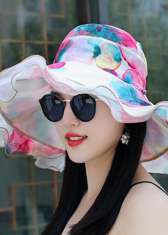 Beautiful Pink Print Ruffles Patchwor Tulle Beach Floppy Sun Hat