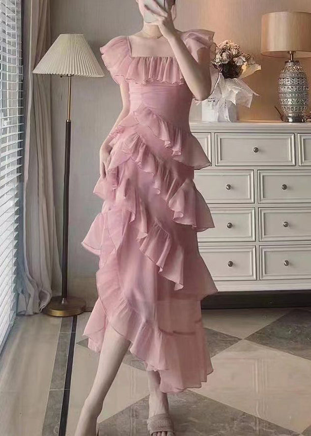 Beautiful Pink Ruffled Asymmetrical Design Patchwork Chiffon Dresses Summer