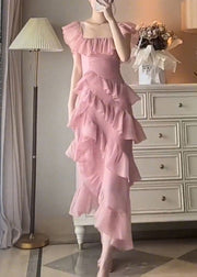 Beautiful Pink Ruffled Asymmetrical Design Patchwork Chiffon Dresses Summer