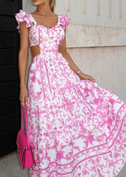 Beautiful Pink Ruffled Hollow Out Backless Print Dresses Summer