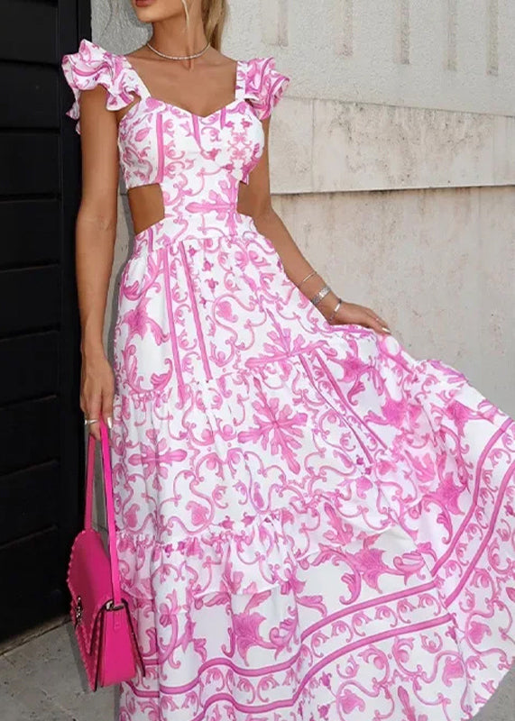 Beautiful Pink Ruffled Hollow Out Backless Print Dresses Summer