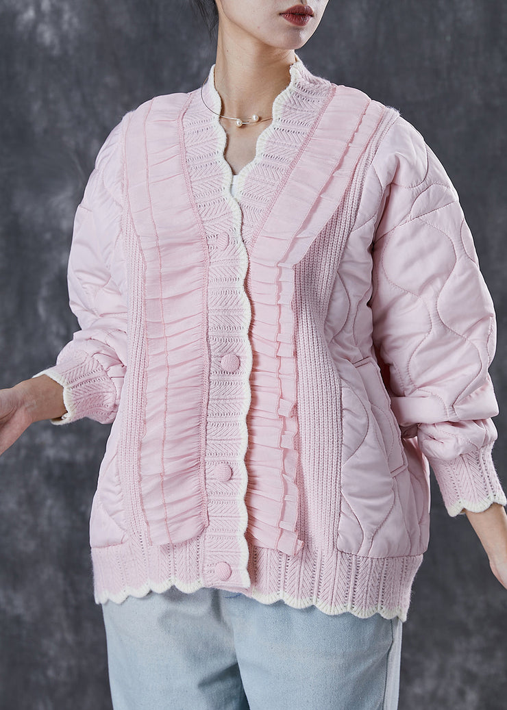 Beautiful Pink Ruffled Patchwork Knit Fine Cotton Filled Coat Spring