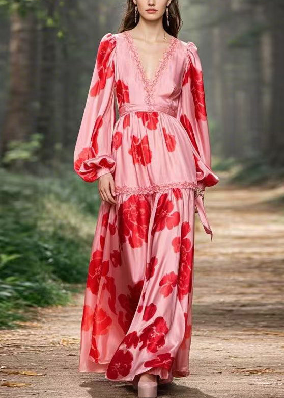 Beautiful Pink Ruffled Print Chiffon Long Dress Spring