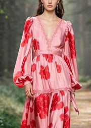 Beautiful Pink Ruffled Print Chiffon Long Dress Spring