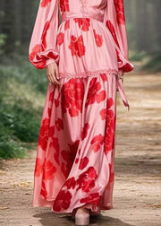 Beautiful Pink Ruffled Print Chiffon Long Dress Spring